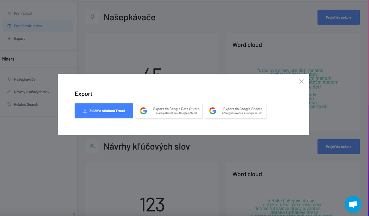 Marketing miner - export reportu na analýzu kľúčových slov